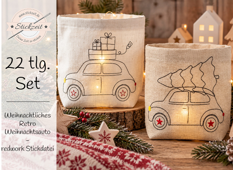 Retro Auto Weihnachts Set - redwork Stickdatei